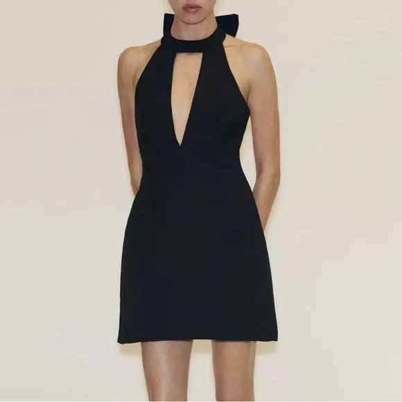 Zara NWT open bow back choker collar feel v neck black luxe thick mini dress - Picture 2 of 11